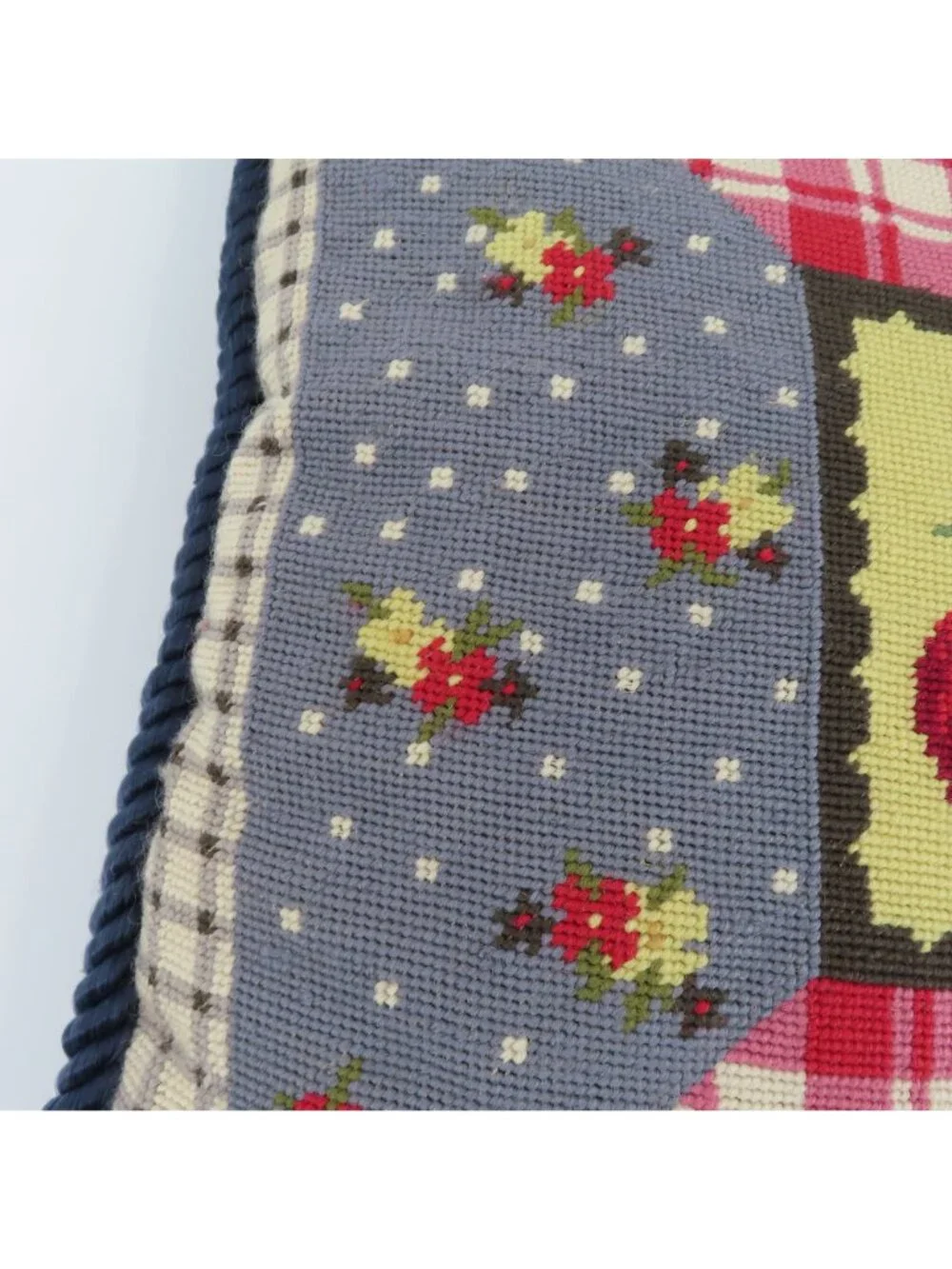 Needlepoint Country Apple Floral Red Blue Beige Check Plaid Velvet Throw Pillow